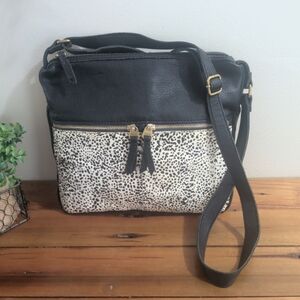 Fossil Black Leather Animal Print Adjustable Strap Crossbody